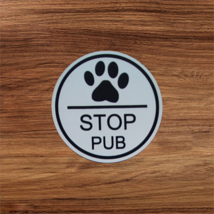 Plaquette Stop Pub patte de chien – ronde argentée