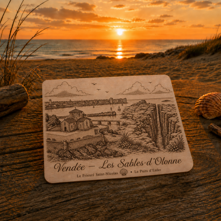 Carte postale en bois – Les Sables-d’Olonne – Prieuré Saint-Nicolas / Puits d’Enfer