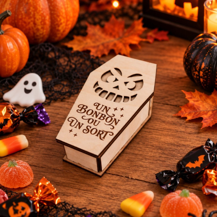Petite boîte cercueil en bois Halloween – Un bonbon ou un sort