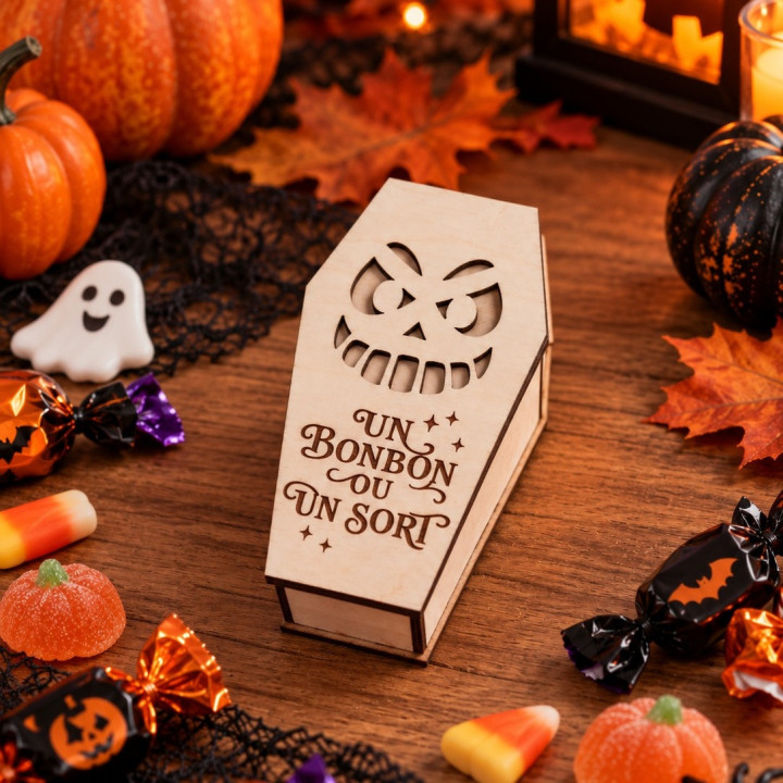 Petite boîte cercueil en bois Halloween – Un bonbon ou un sort