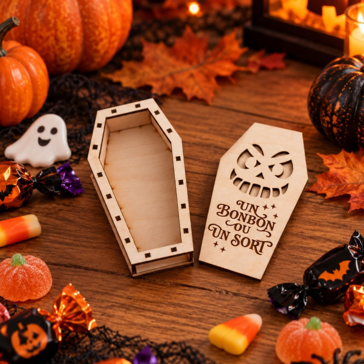 Petite boîte cercueil en bois Halloween – Un bonbon ou un sort