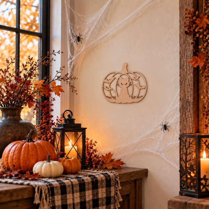 Applique murale Halloween en bois – Chat, Château ou Citrouille