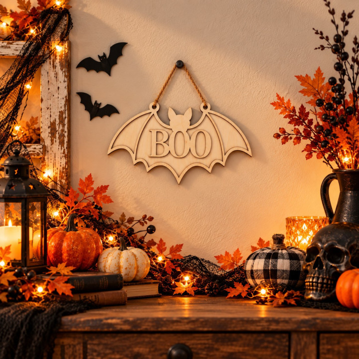 Applique murale chauve-souris BOO en bois | Halloween