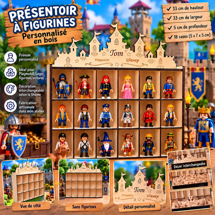Présentoir personnalisé en bois pour collections 33 × 33 cm