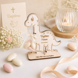 Porte-dragées diplodocus personnalisé en bois – Baptême & marque-place