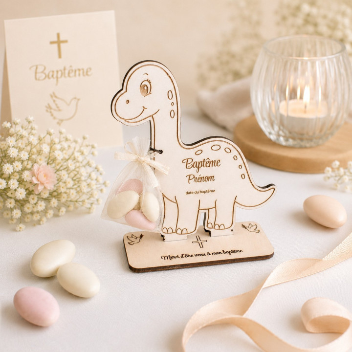 Porte-dragées diplodocus personnalisé en bois – Baptême & marque-place