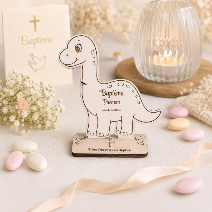 Porte-dragées diplodocus personnalisé en bois – Baptême & marque-place