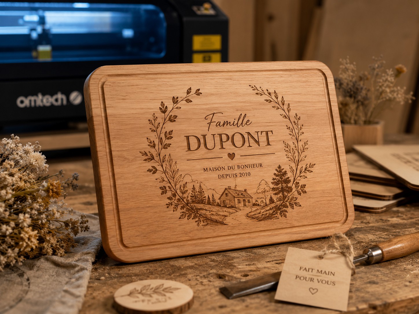 Détail d'une gravure laser sur bois