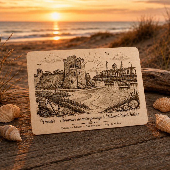 Carte postale en bois – Château de Talmont, Port Bourgenay & Plage du Veillon – Vendée